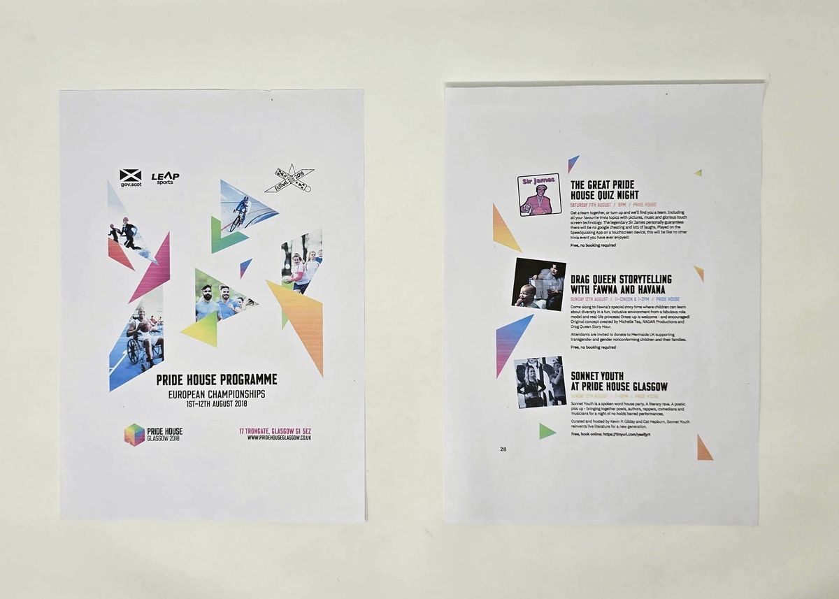 Two A4 sheets of paper depicting a cover of a Pride House event and the programme of events for Drag story time.