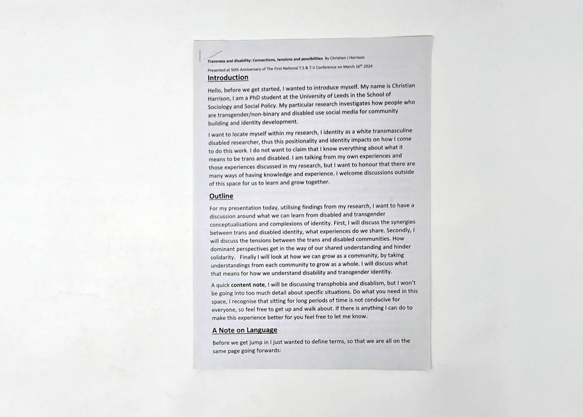 A stapled set of white A4 pages with the words of a speech on Transness and Disability in black typed text.