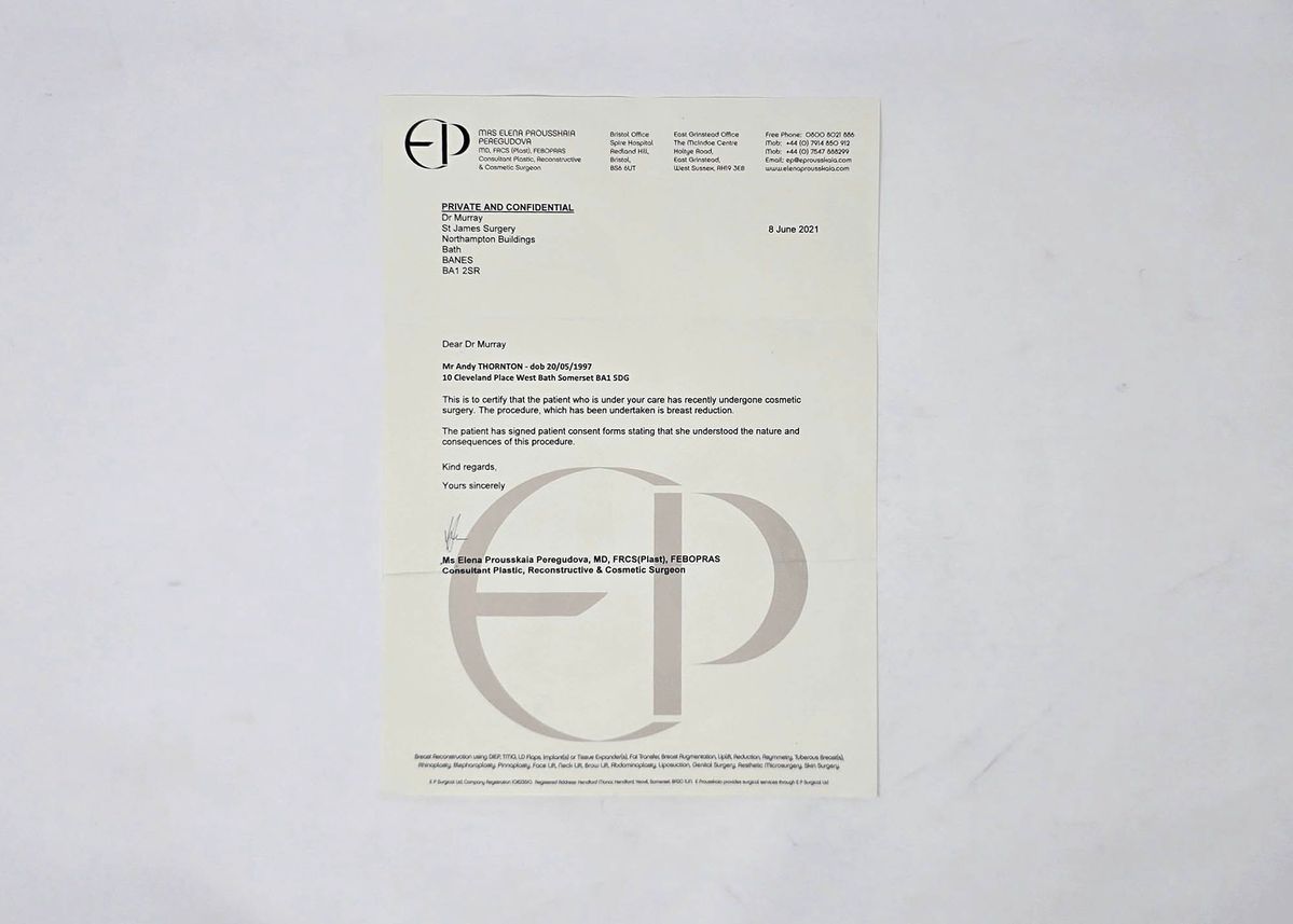 Letter from a surgeon to a GP confirming that a person has undergone a breast reduction.