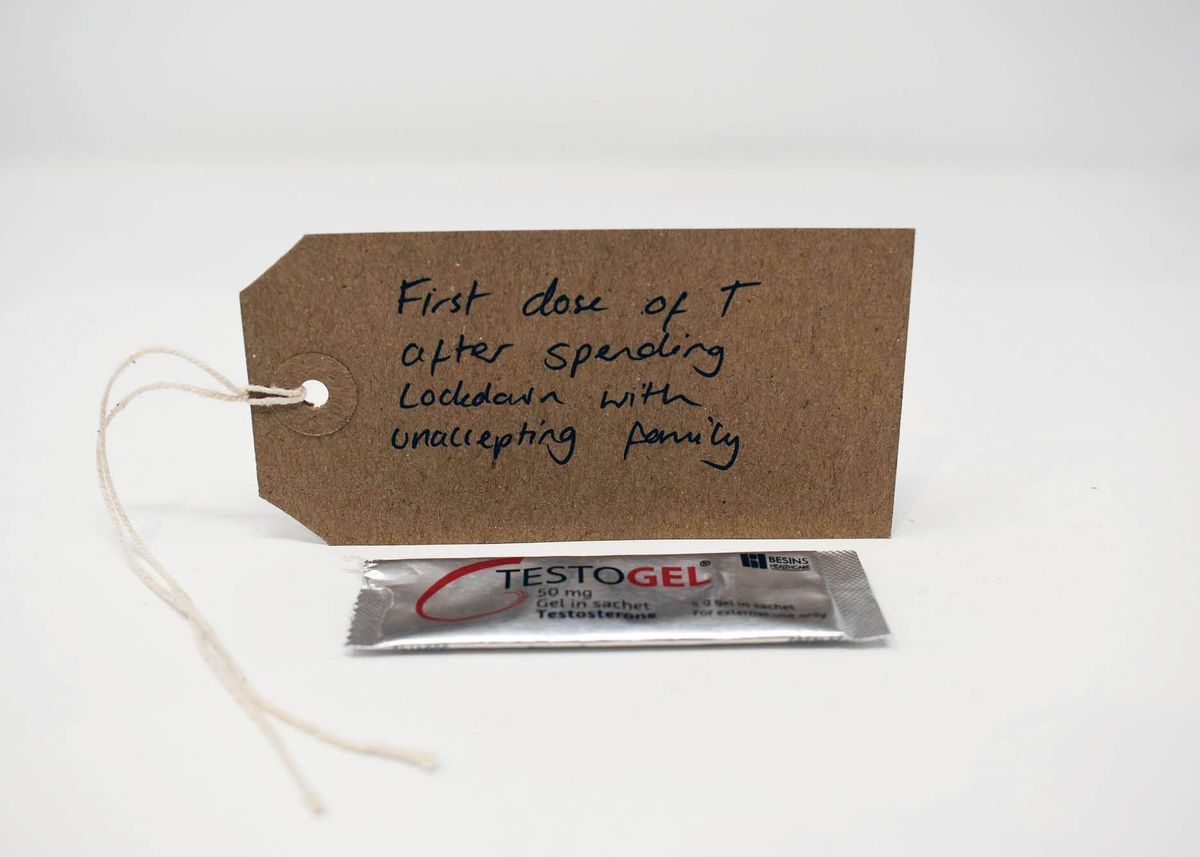 A handwritten note expresses relief after receiving testosterone gel post-lockdown with unsupportive family.
