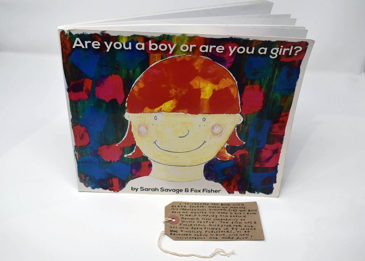 Paperback book with the title "Are you a boy or a girl?" by Sarah Savage & Fox Fisher. The cover shows a simple line drawing of a person with pink hair infront of a dark green, blue, and pink background.