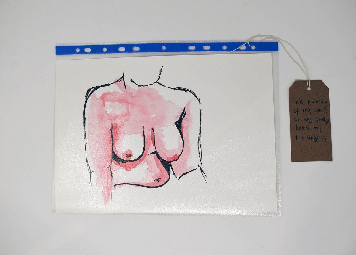 The image shows an ink painting of a human chest with pink hues, alongside a handwritten note.