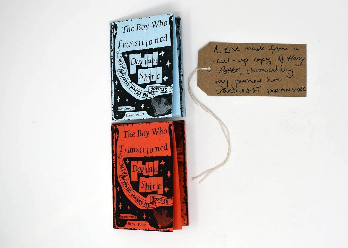 The image shows two zines titled "The Boy Who Transitioned," made using cut-up Harry Potter books.