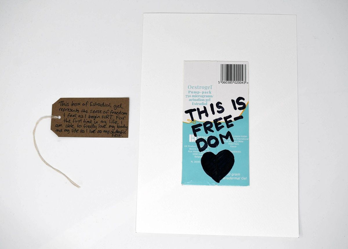 The image shows an estradiol gel box with "This is freedom" written, symbolizing personal