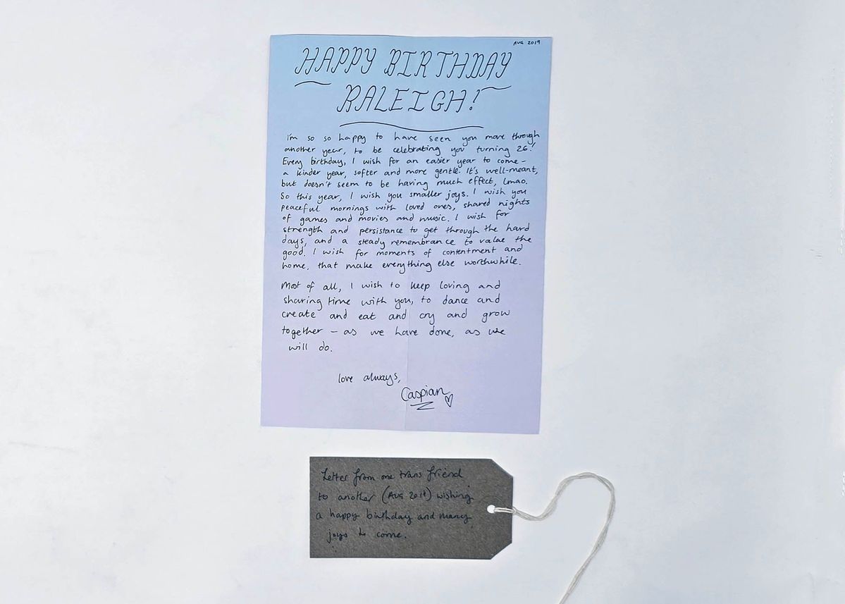 A handwritten birthday letter from Caspian to Raleigh. With an brown, handwritten luggage tag.