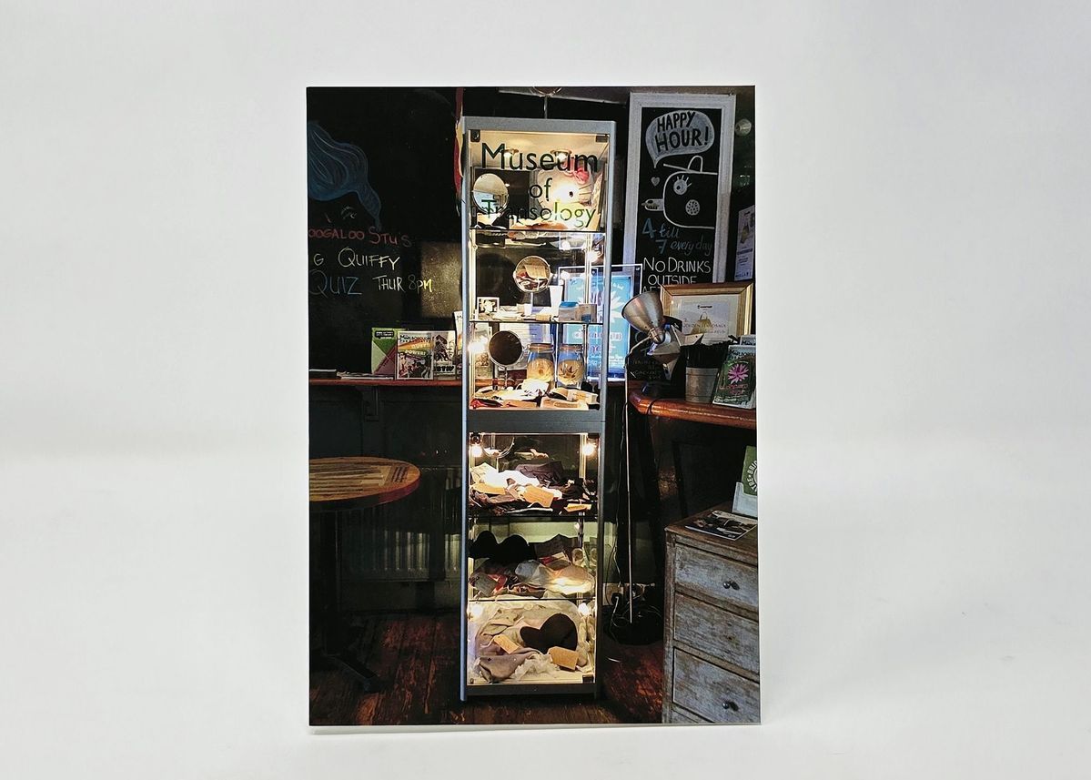 A small, illuminated display case showcases "Museum of Transology" objects.