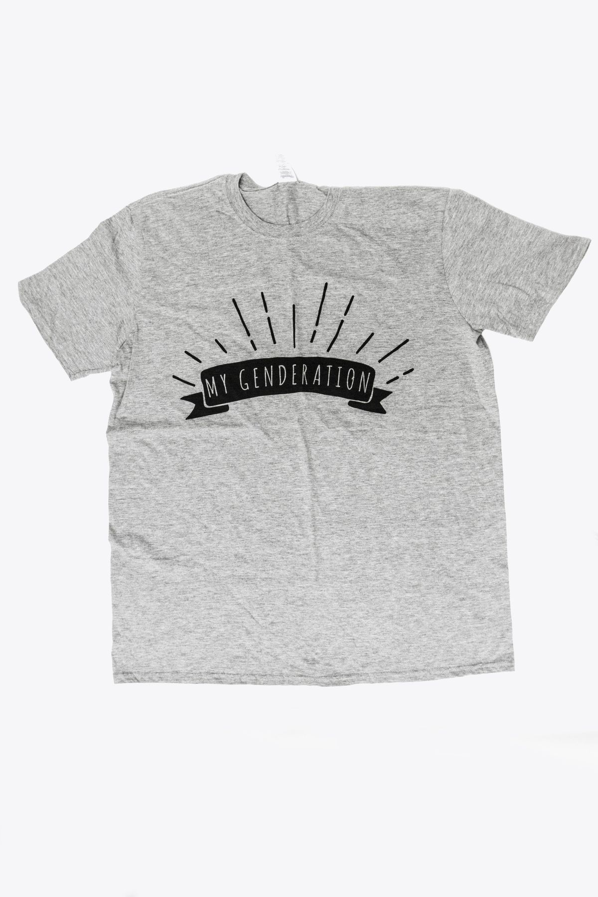 A gray t-shirt displays the phrase "MY GENDERATION" in bold letters, surrounded by lines