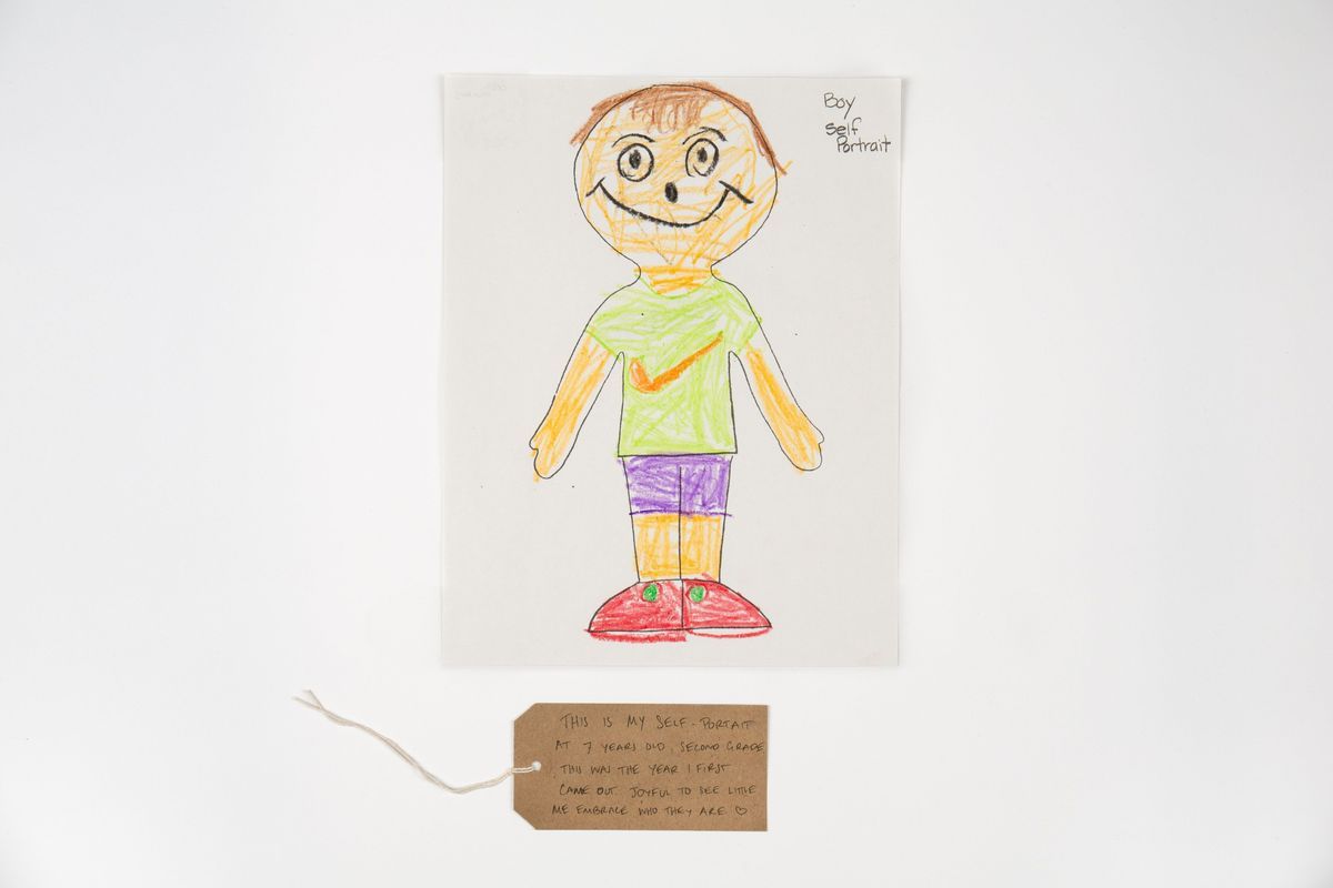 A child's crayon drawing of a smiling boy. He has brown hair and wears a green t-shirt with an orange tick, purple shorts and red shoes with a green spot. With a brown, handwritten luggage tag.