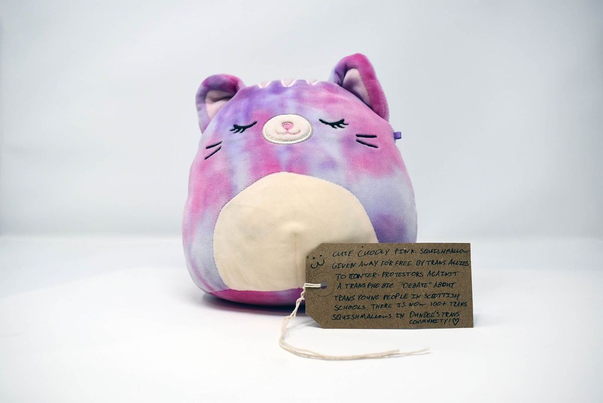 A pink and purple plushie toy which looks like a very round cat.