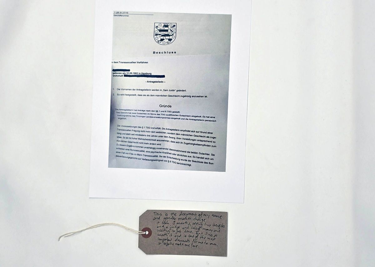 Document of name change & gender marker change; Sam Justin Gertsch.