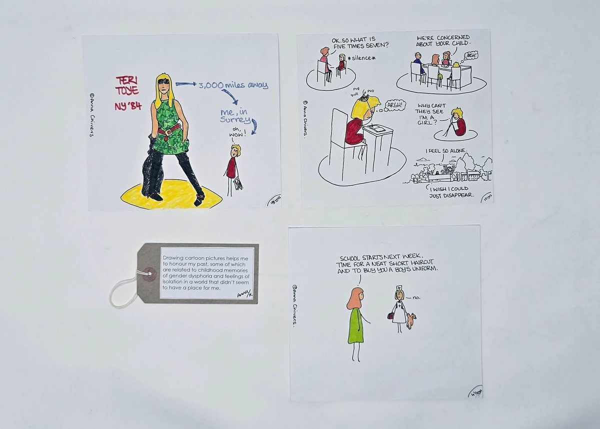 Set of three cartoon drawings & tag (inside plastic wallet); cartoons drawn on white card by Anna Chivers illustrating her life at different ages.