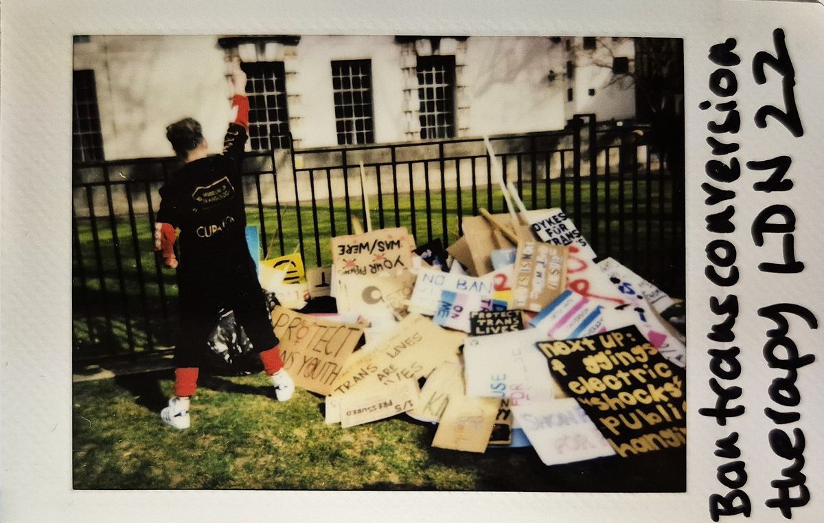 A person stands raising a fist beside a pile of protest signs on the grass, supporting trans rights.