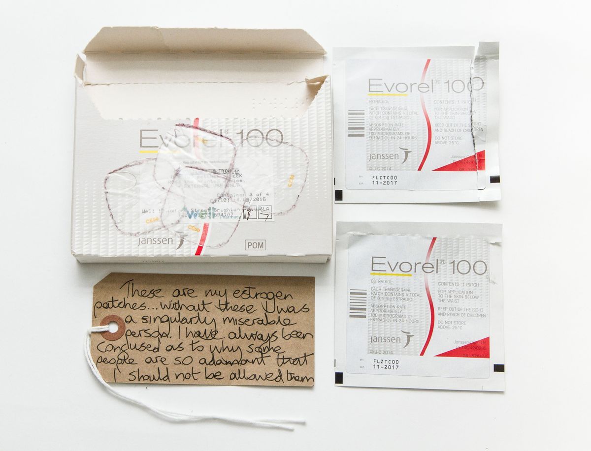 Grey box reading "Evorel 100" and other information on the prescription.