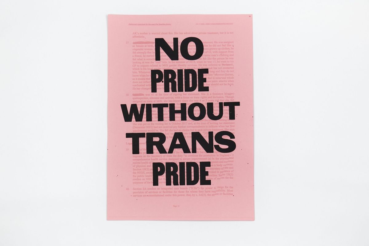 The image shows a pink poster which says "No Pride Without Trans Pride," in black text.