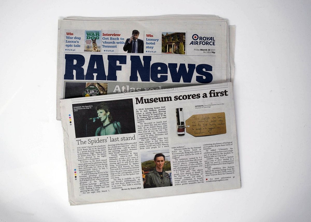 The cover of the newspaper "RAF News" with the headline "Meet the Sullivans" and several other featured articles. A page of newspaper featuring an article titled "Museum scores a first" with a short story regarding the donation of ex search and rescue pilot Flt Lt Ayla Holdom to the Museum of Transology.