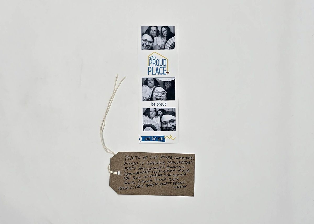 A photo strip features smiling people with a handwritten note attached below.