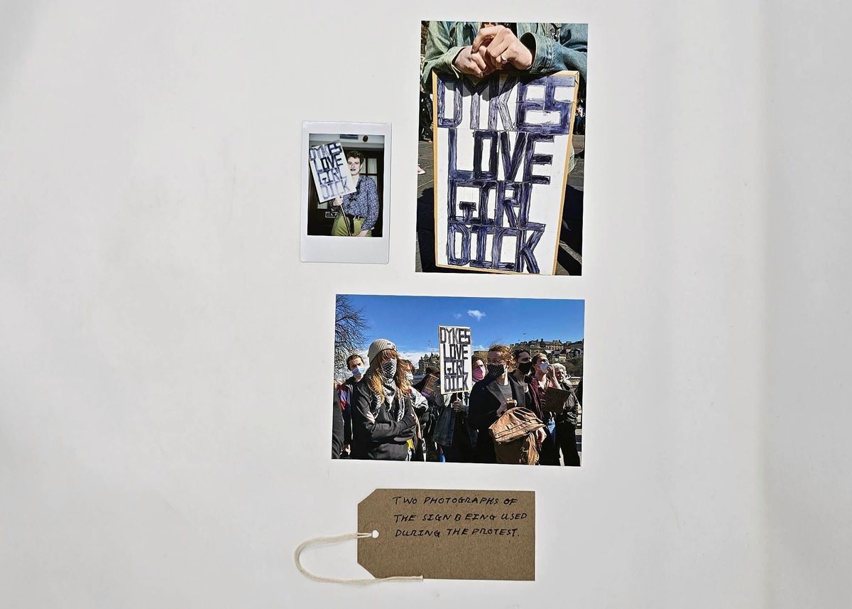 The image shows photographs of a protest, featuring signs supporting LGBTQ+ rights, with visible text.
