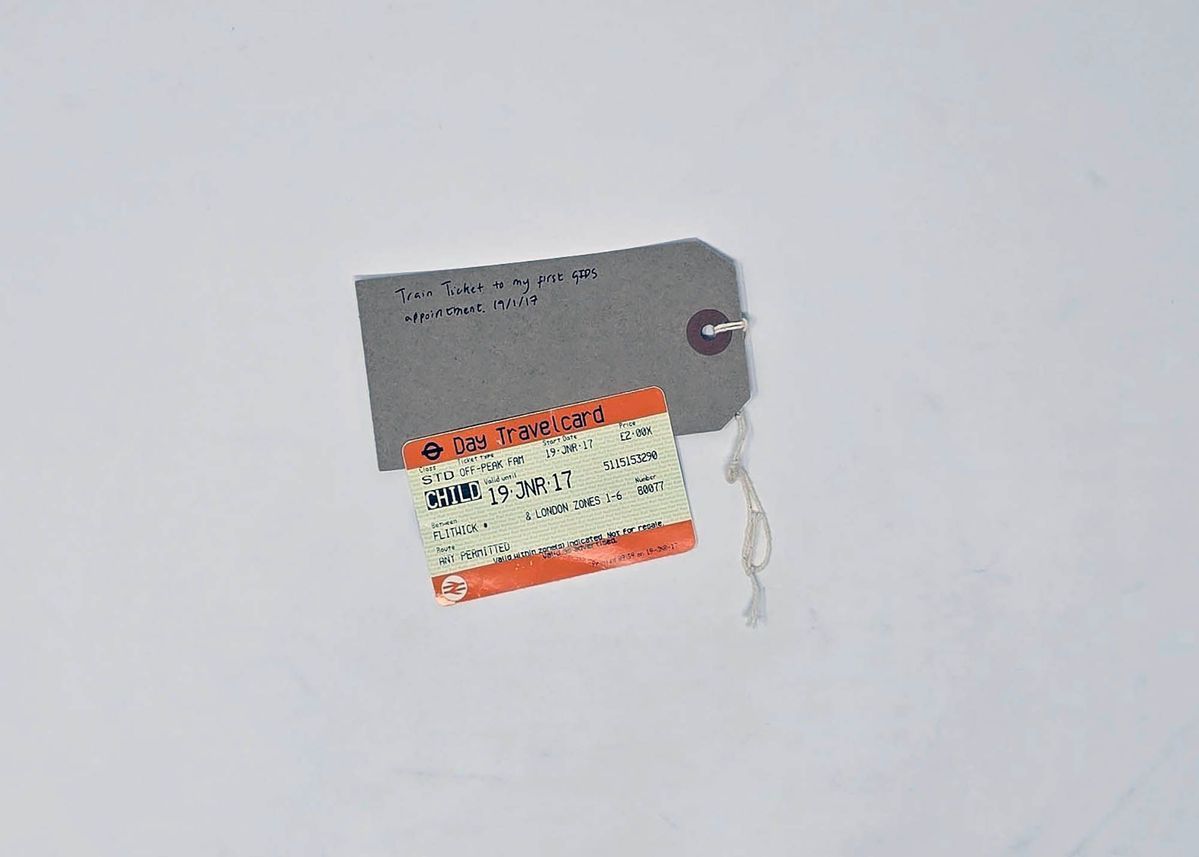 Train ticket Day Travelcard for Flitwick to London; reasonable condition, few wrinkles, slight chip/blemish near the letter "T" in Travelcard. Crease at bottom.