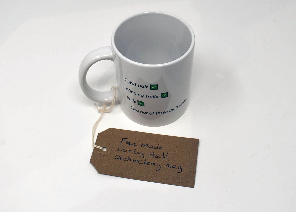 White ceramic mug with the text: "Great hair [tick], Winning smile [tick], Balls [cross] ... Two out of three ain't bad". With a brow, hand written luggage tag.