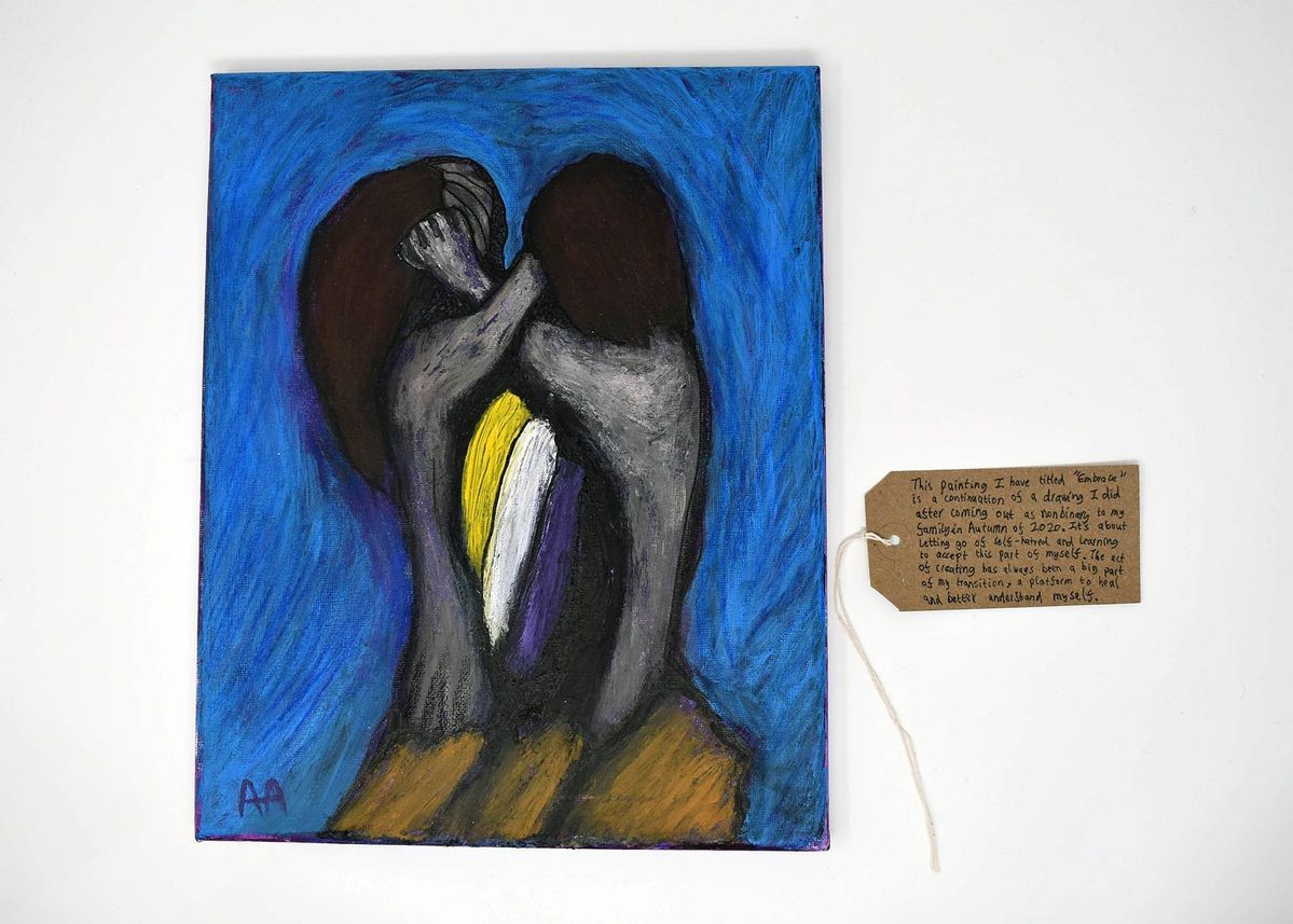 The painting shows two abstract figures embracing against a vibrant blue background with written notes attached.