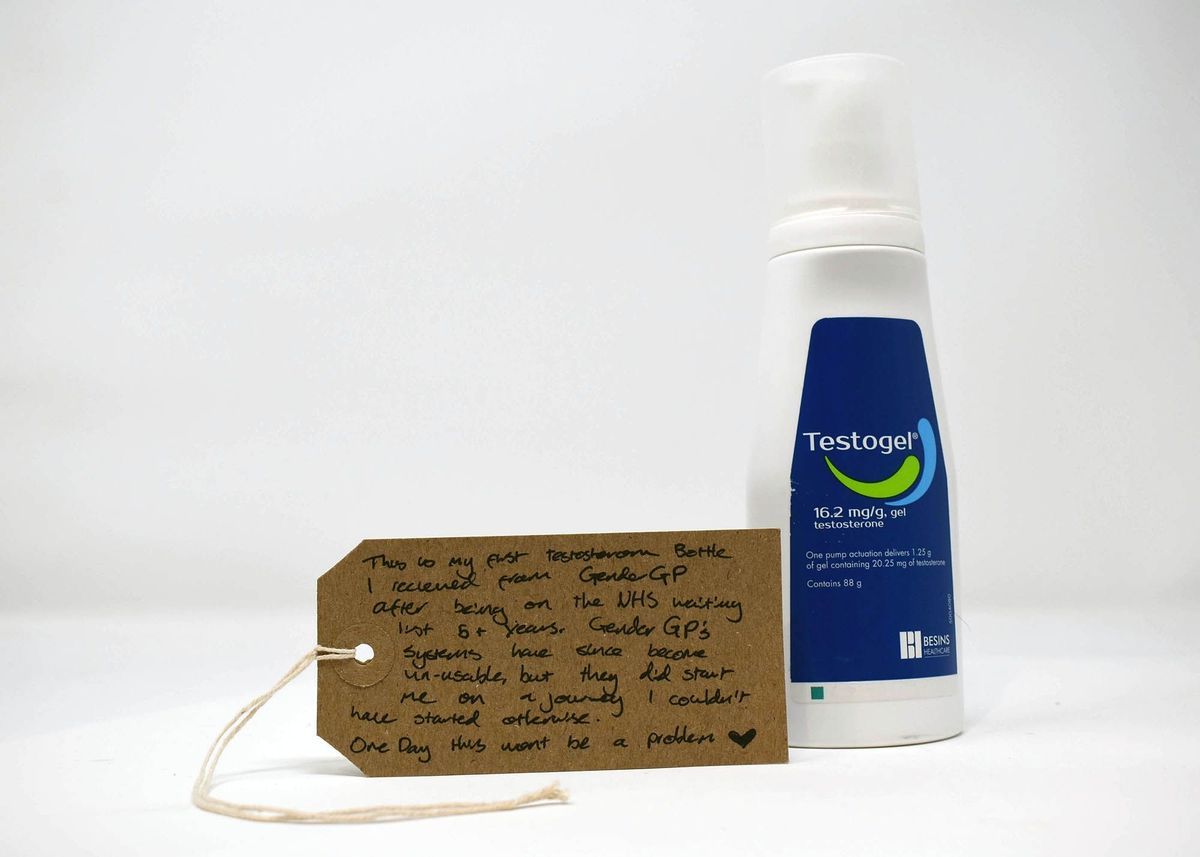 The image shows a Testogel bottle next to a handwritten note expressing gratitude for receiving testosterone treatment.