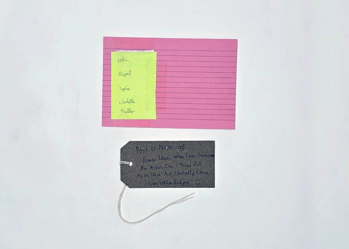 A list of names written on a yellow Post-It note that has been taped to a lined, pink index card. With a brown, handwritten luggage tag.