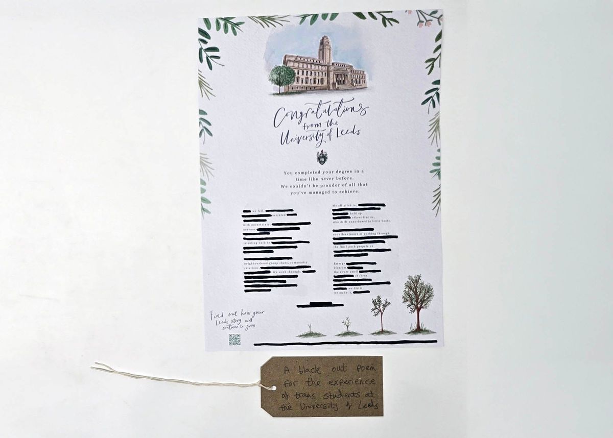 Blackout poem created from a congratulatory letter from Leeds University. With a brown, handwritten luggage tag.
