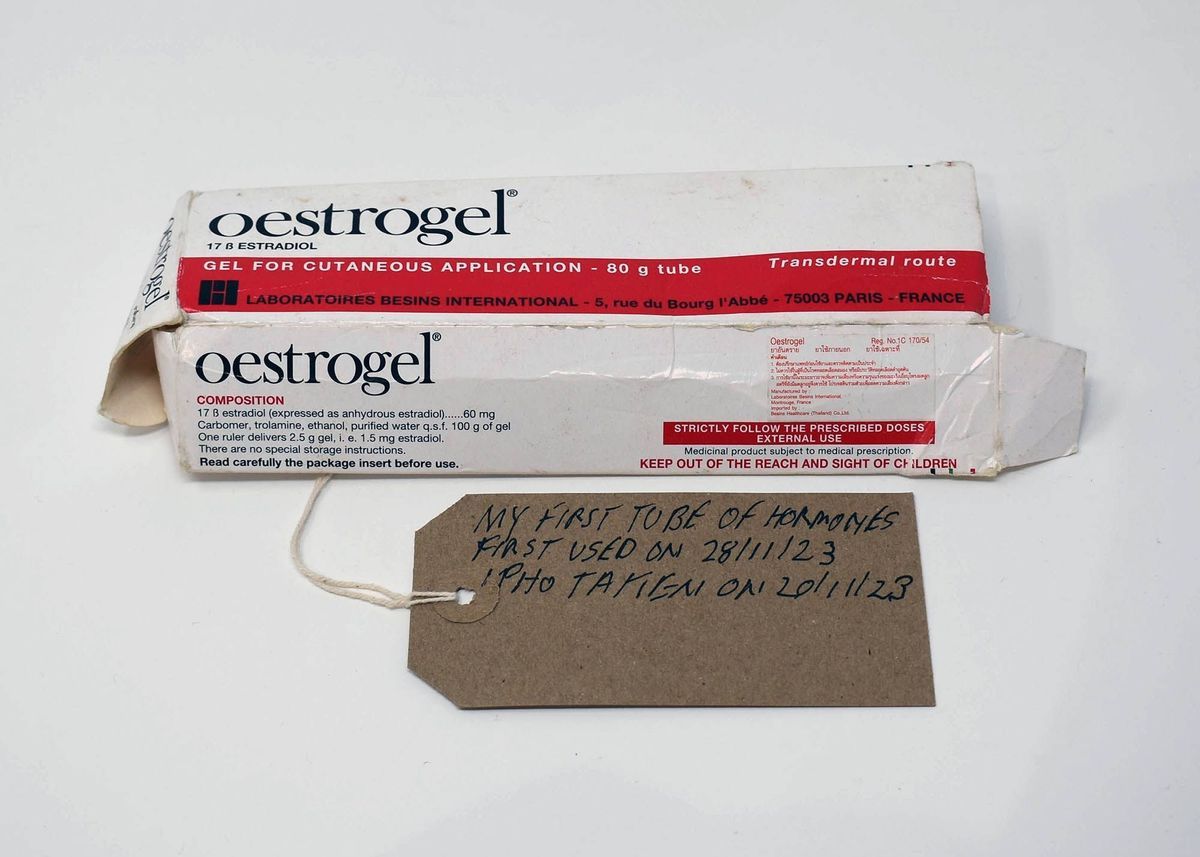 Box of Oestrogel with handwritten brown luggage tab.