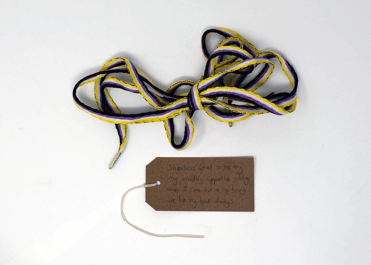 A bundle of colorful shoelaces lies next to a handwritten tag on plain background.