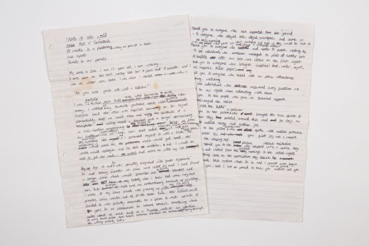 Two lined sheets of A4 paper with the handwritten text of a speech written in black pen.