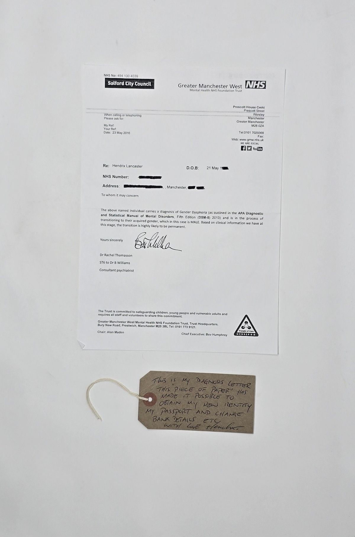 The image shows a diagnosis letter from Greater Manchester West NHS, with a handwritten note below.