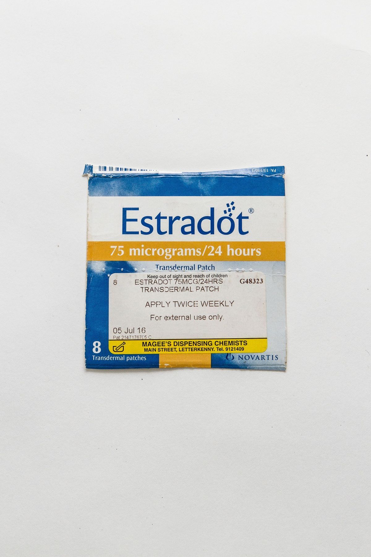 A box of Estradot. The lid of the packaging has been cut off.