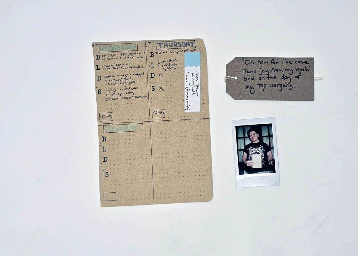 A brown dotted paper page from a journal on the day the donor had top surgery. With a polaroid of the donor and a brown handwritten luggage tag.