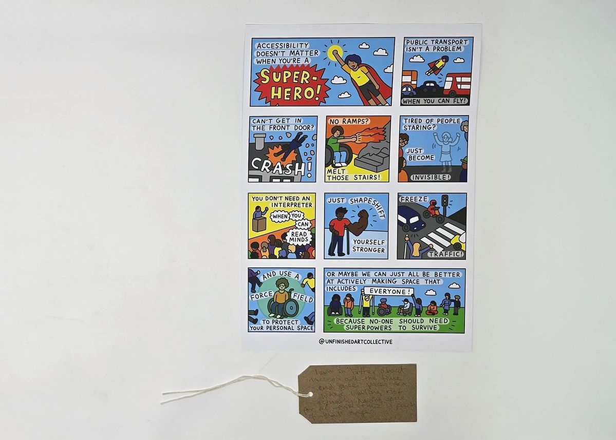 A colourful comic strip highlight accessibility issues. With a brown, handwritten luggage tag.