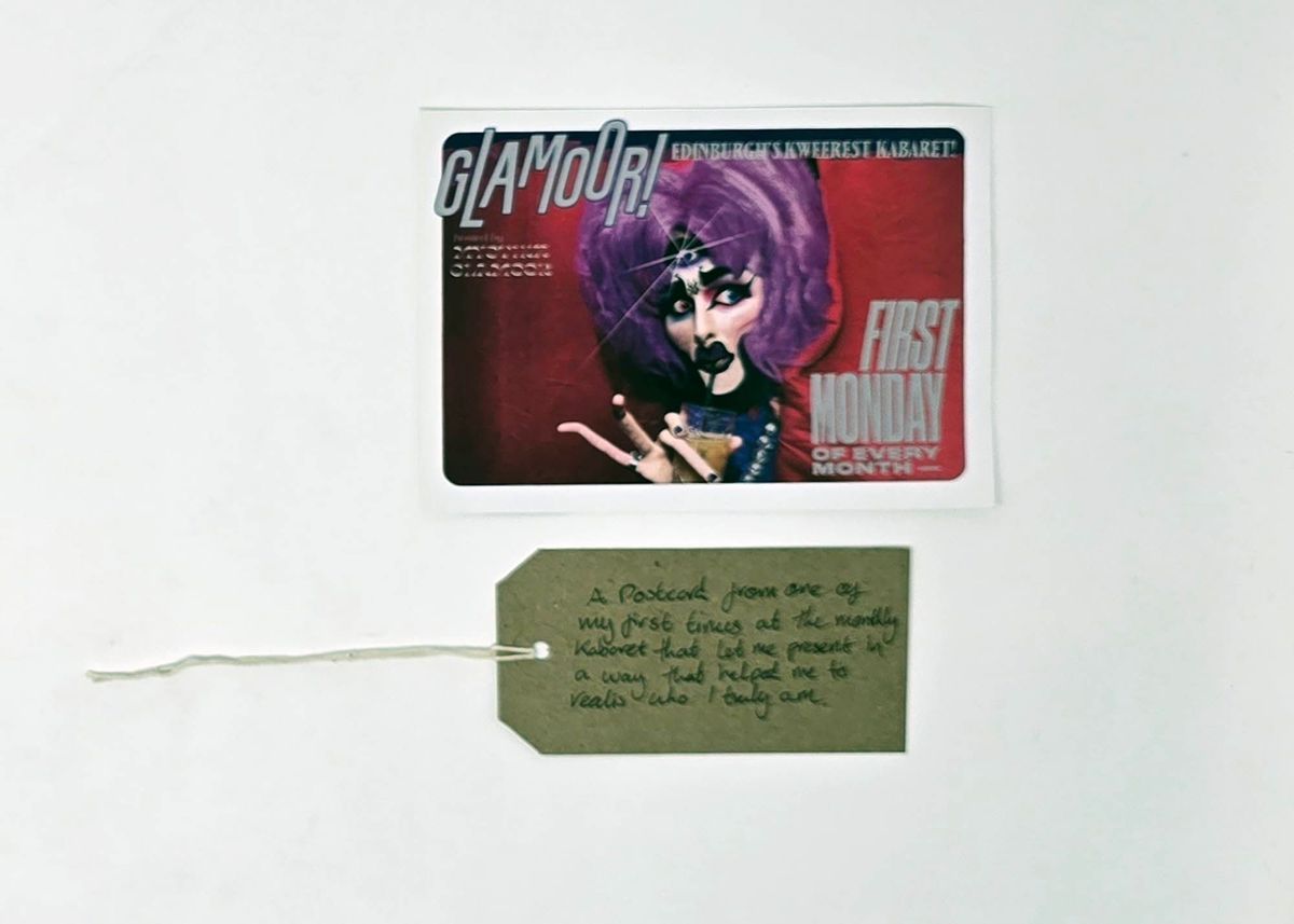 Postcard from Glamour, Edinburgh's Queerest Kabaret. With a brown handwritten luggage tag.