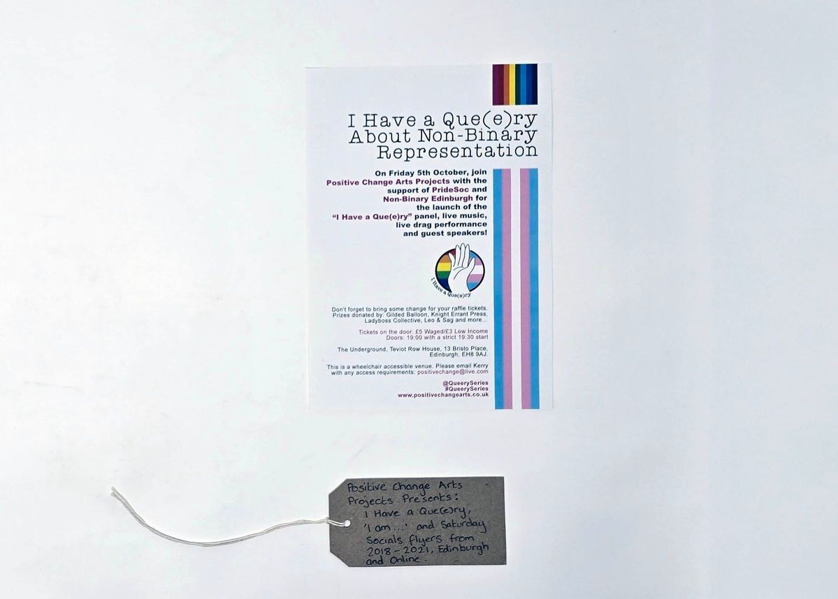 A Flyer advertising an event entitled "I have a Que(e)ry about Non-Binary Representation". With a brown, handwritten luggage tag.