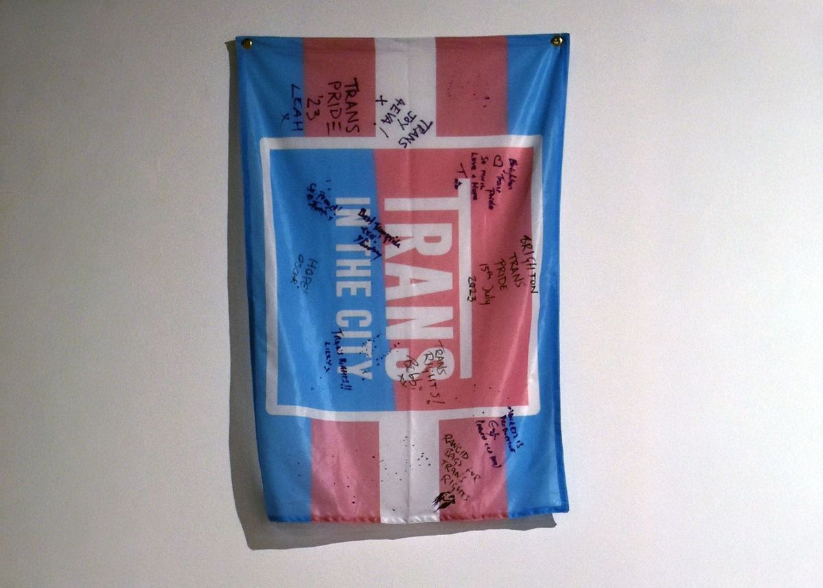 Trans in the City flag, in the trans pride colours. It has been signed by several people.