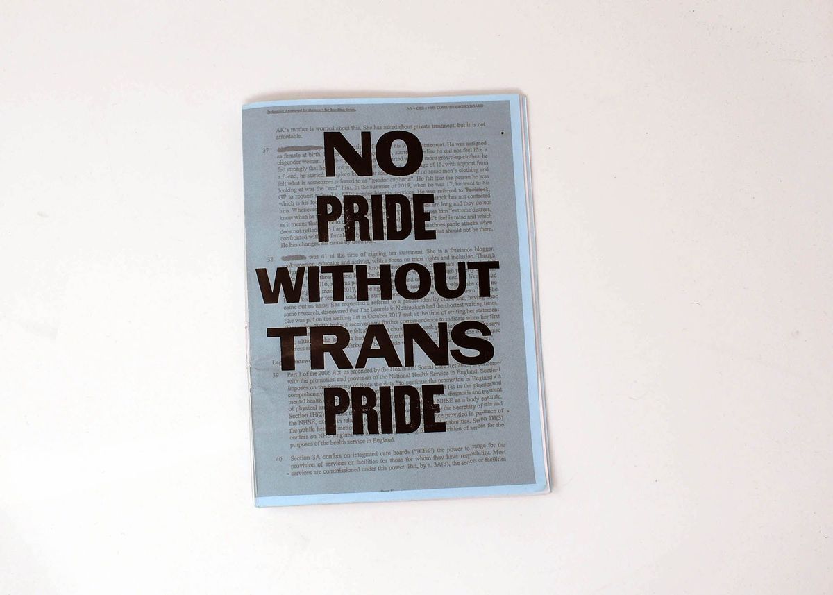 A zine cover with bold text reads, "NO PRIDE WITHOUT TRANS PRIDE".