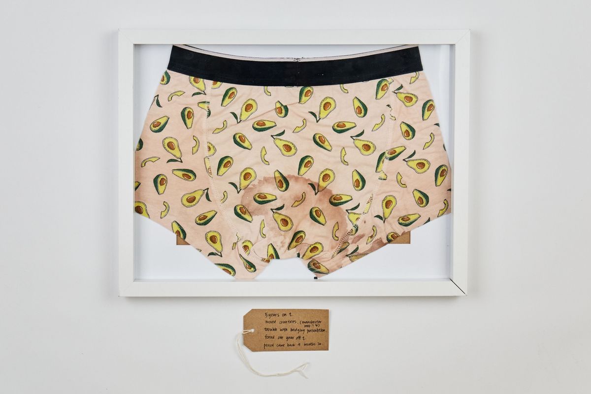 A framed pair of avocado-themed underwear is displayed, featuring a handwritten tag below.