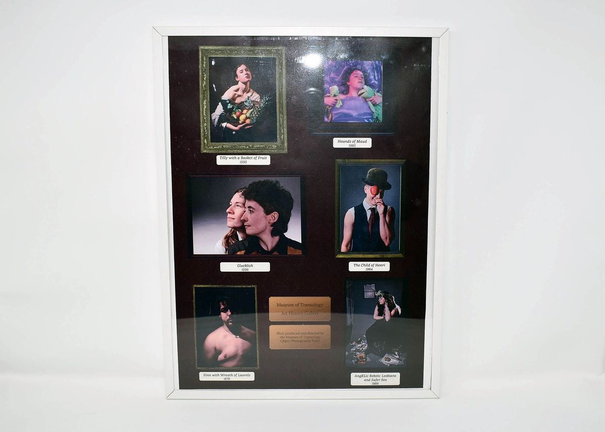 The framed collection showcases six photographs with titles, arranged against a dark background.