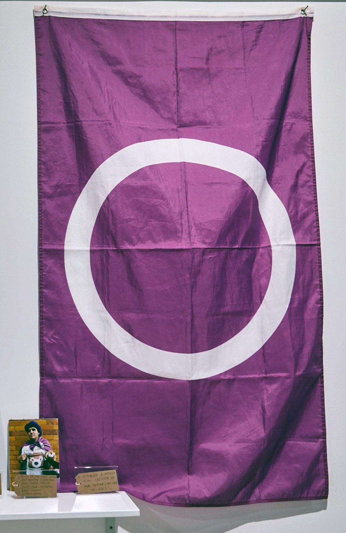 A purple flag with a white circle is displayed above a shelf containing a photo and descriptive cards.