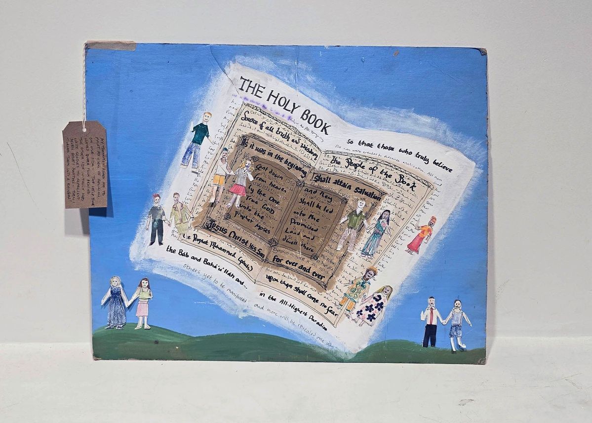 A painting entitled "Both Side of the Story" illustrating the painter's thoughts on religion. It depicts Holy Books from the Jewish, Christian, Muslim and Baha'i faiths. There are images of straight couples being included while queer couples are excluded. With a brown, handwritten luggage tag.