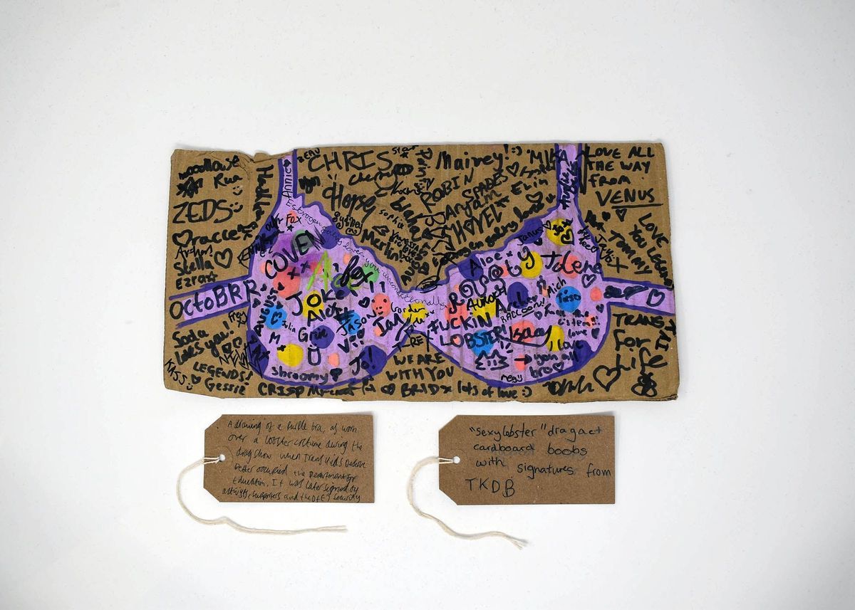 A drawing of a light purple bra, with darker purple spots, on a piece of brown cardboard. It has been signed my many different people. With two brown, handwritten luggage tags.