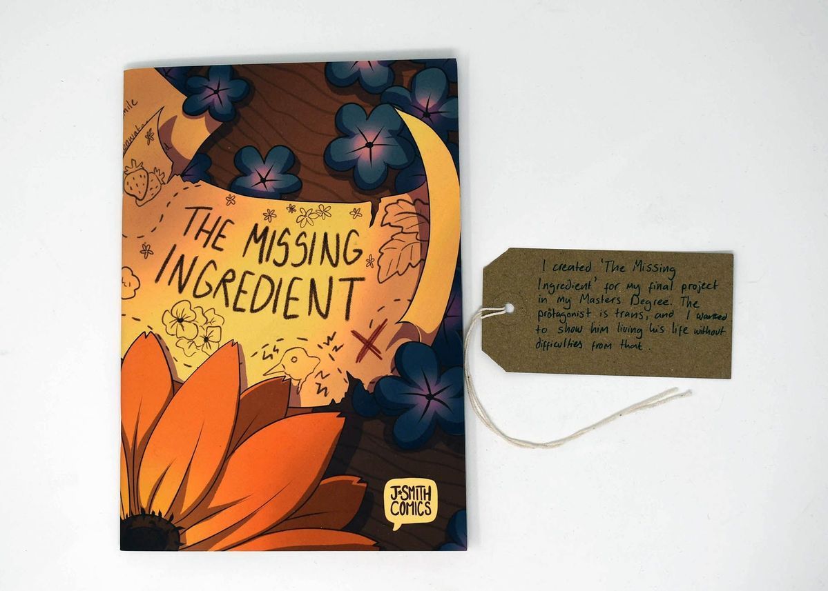 The image shows a comic book titled "The Missing Ingredient" with vibrant illustrations and a handwritten note.