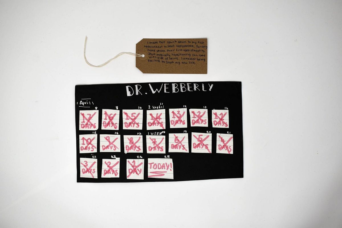 The image shows a countdown calendar to a testosterone appointment marked with red Xs.