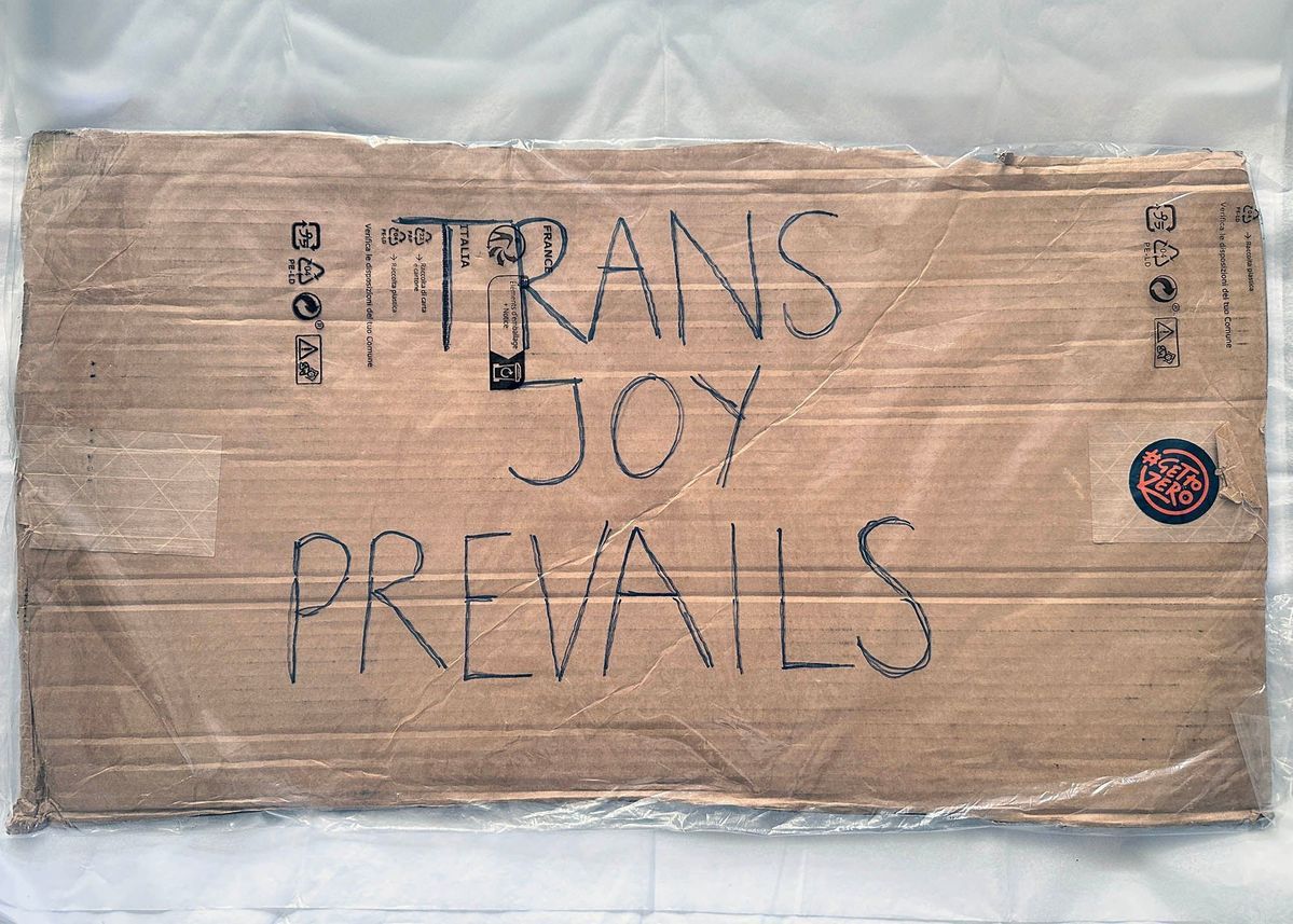 A cardboard sign reads "Trans Joy Prevails" in bold letters, emphasizing positivity and resilience.