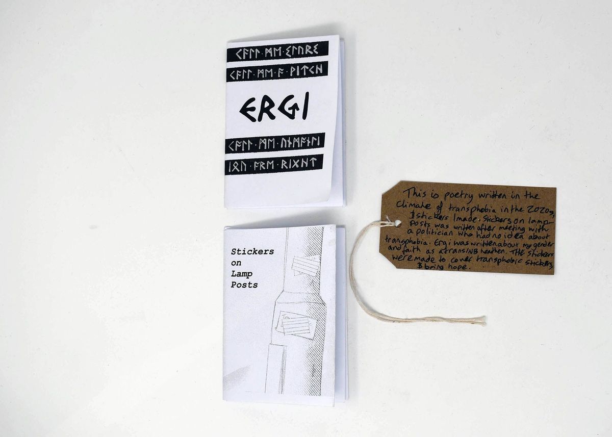 The image shows two zines titled "ERGI" and "Stickers on Lamp Posts" with a brown tag to the right.