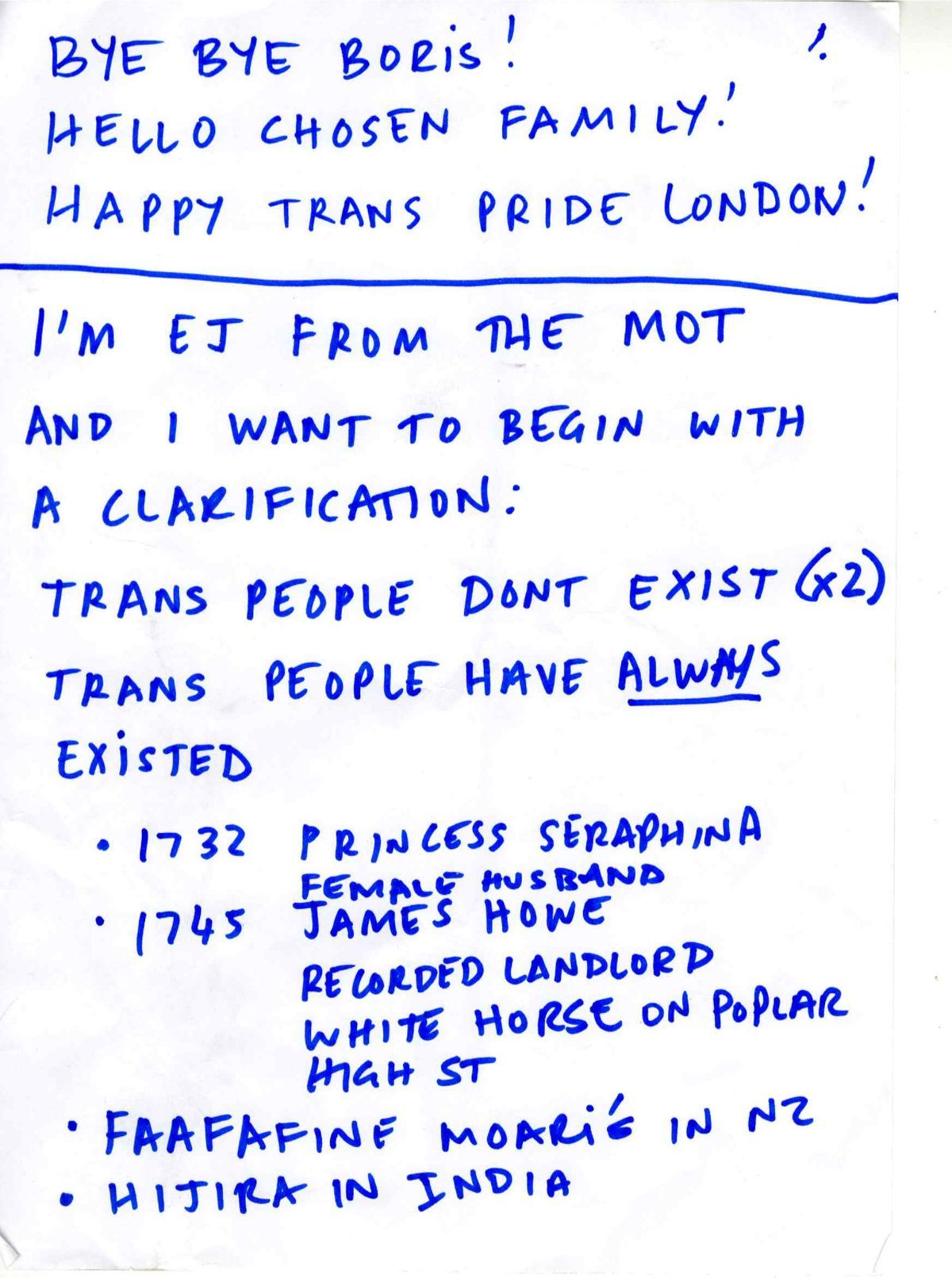 Scanned PDF of a handwritten speech in blue ink on white paper.