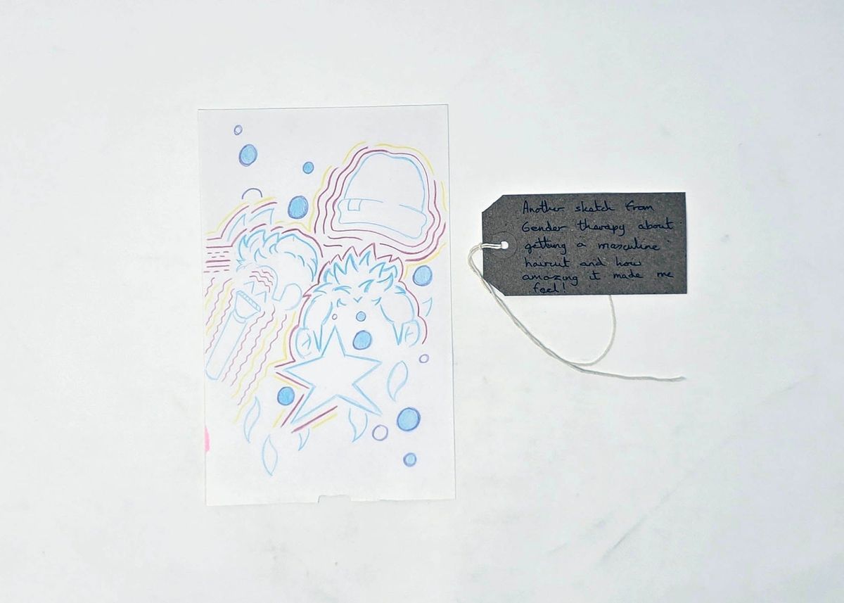 An illustration sketch in colourful pencils of a hair, hat and clippers. Next to the illustration is a brown tag with writing on it.