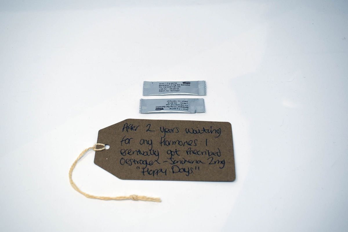 Silver plastic sachets, each reading "Orion 1.0 g sachet; Sandrena 1.0 mg Gel Estradiol For transdermal use Use by: 09 2018 Batch no: 1677437